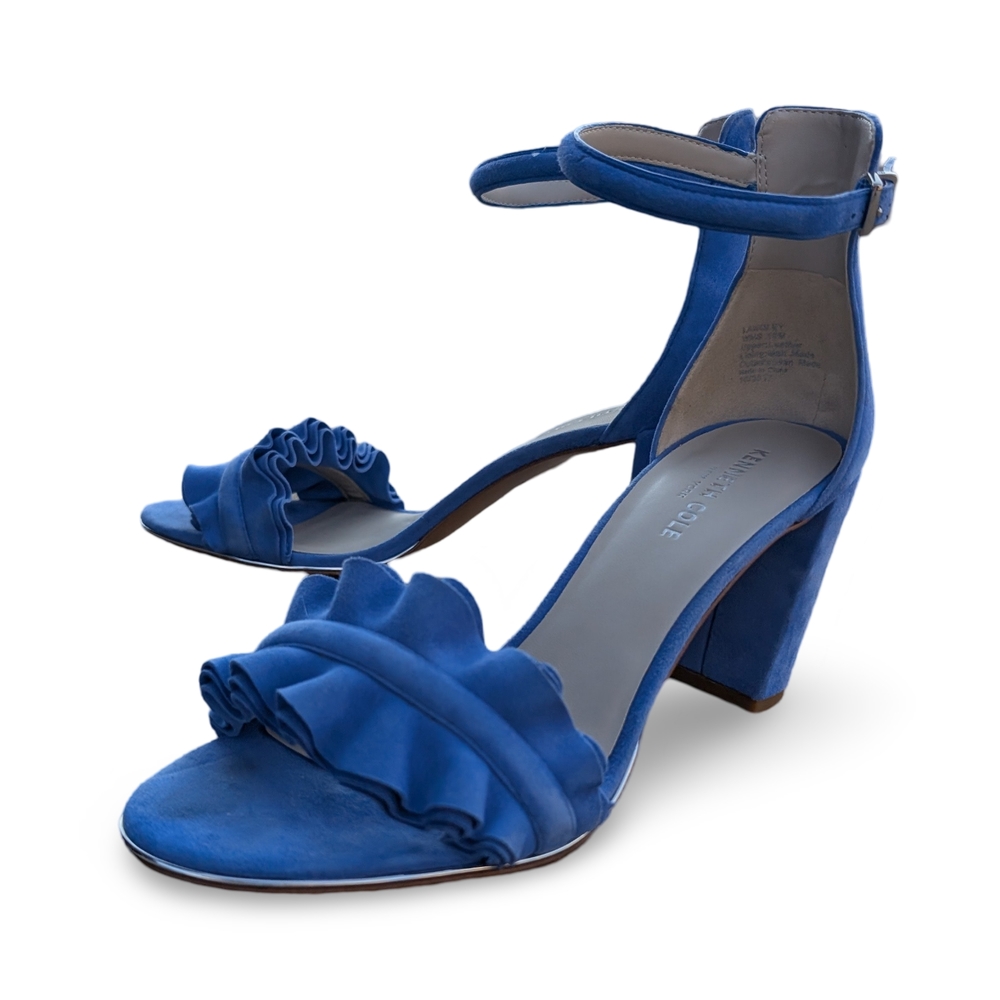 Blue Ruffled Block Heel Shoes